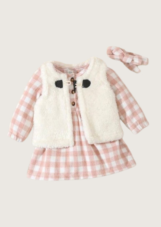 Conjunto De Tres Piezas A Cuadros Para Bebé Niña Con Cardigan, Falda Y Diadema